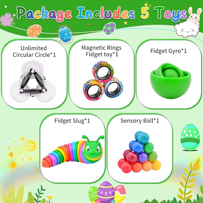 Fidget Toys Adults Pack, Sensory Toys Set for Kids, Fidget Spinner Slug Magnetic Rings, Cool Gadget Gift for Girls Boys Teens ADHD Autism Stress Relief Desk Toy Easter Basket Stuffers