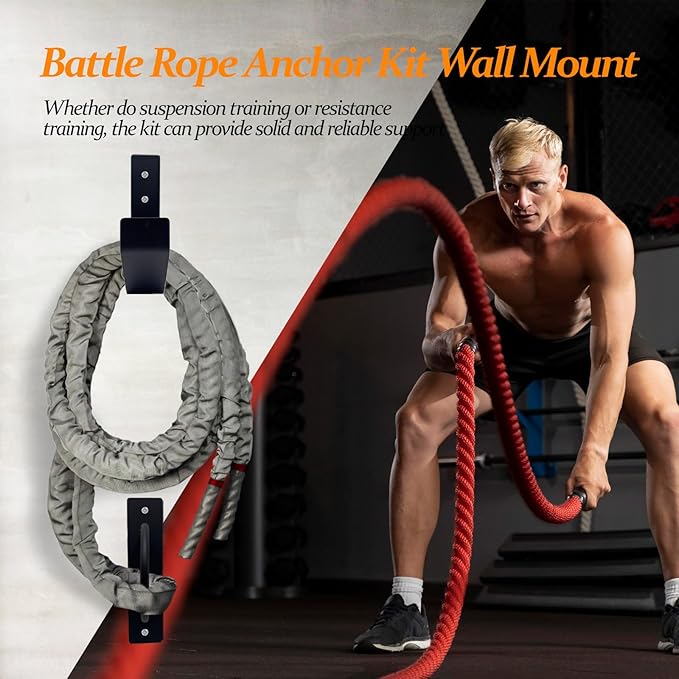 Battle Rope Anchor Kit Wall Mount, Set With Workout Wall Anchor And Rope Hook For 30-50 Feet, 1-2.5" Battle Ropes For Home Gym, Battle Rope Wall Mount Holder, Heavy Duty Gym Storage Rack