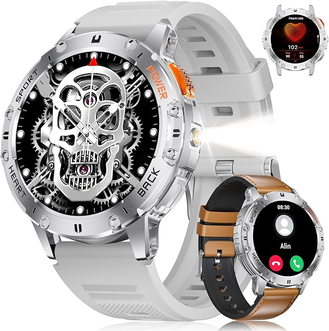 Smart Watches for Men for Android/iPhone,1.43’’ AMOLED Display Sport Watch with 123 Sport Modes/FlashLight,5ATM Waterproof Fitness Tracker with Blood Pressure/Heart Rate/Sleep Monitor,Silver Silicone