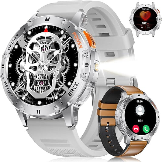 Smart Watches for Men for Android/iPhone,1.43’’ AMOLED Display Sport Watch with 123 Sport Modes/FlashLight,5ATM Waterproof Fitness Tracker with Blood Pressure/Heart Rate/Sleep Monitor,Silver Silicone