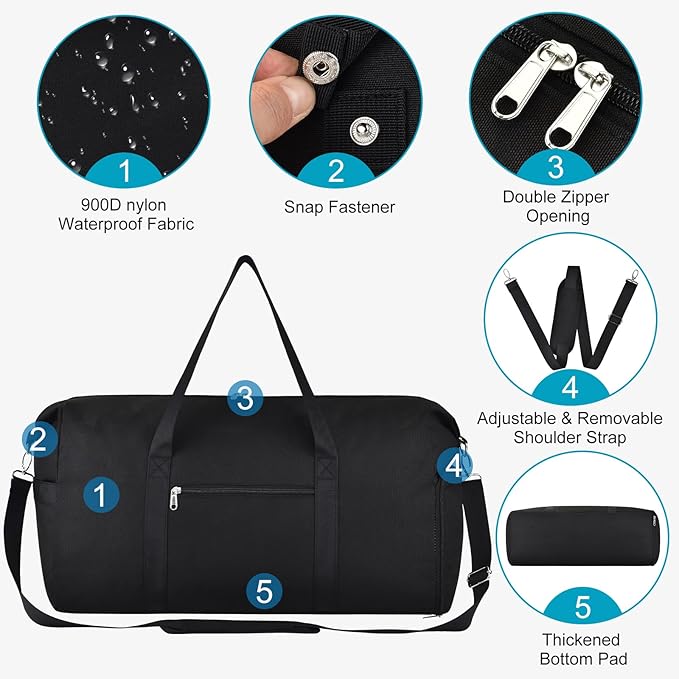 For Spirit Airlines Personal Item Bag 18x14x8, Foldable Small Travel Duffel Bags Gym Duffle Weekender Overnight Carry on Luggage Bag with Wet Pocket & Shoe Compartment for Women Men(Black, 30L)