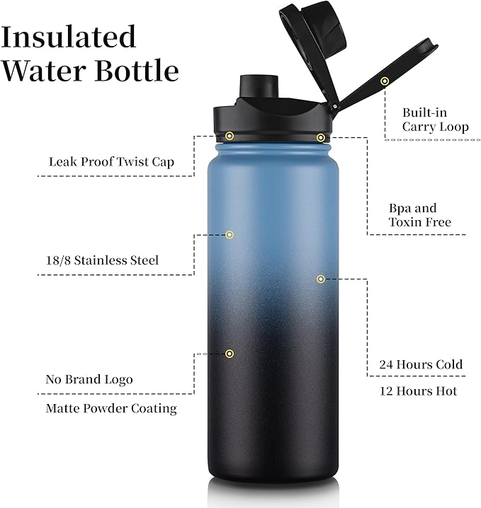 24 oz Insulated Water Bottle Bulk 4 Pack, Stainless Steel Sports Water Bottles with Straw Lid & Wide Mouth Lids, Double Walled Vacuum, Leak Proof, Blue Black Gradient