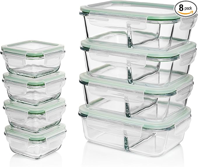 Fusion Gourmet Glass Meal Prep Containers with Lids [8 Pack, 33 oz & 4.5 oz] - 2 Compartment Divided Glass Bento Boxes for Adults, Oven Safe & Airtight