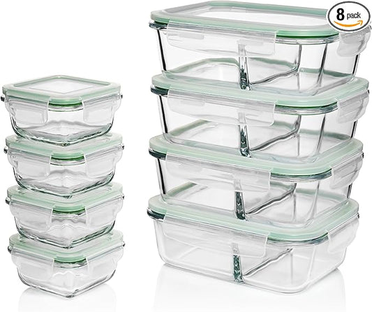 Fusion Gourmet Glass Meal Prep Containers with Lids [8 Pack, 33 oz & 4.5 oz] - 2 Compartment Divided Glass Bento Boxes for Adults, Oven Safe & Airtight