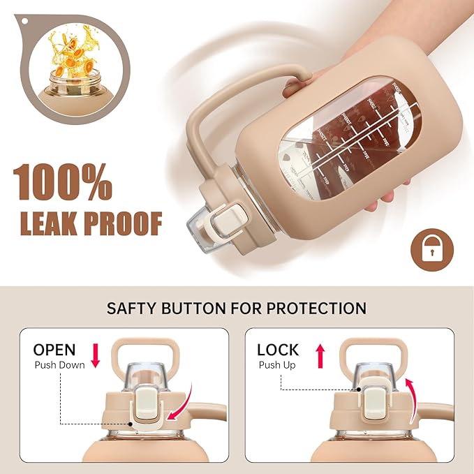 64 oz Glass Water Bottle with Straw and Handle Half Gallon Water Jug with Silicone Sleeve Large Water Bottle for Office, Gym, Outdoor Sports