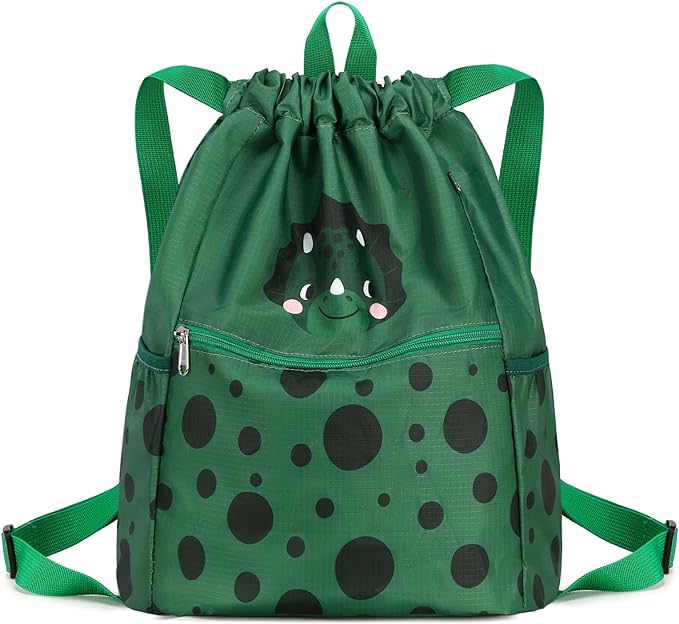 Dinosaur Drawstring Backpack Bulk for Kids Girls Boys Gym Dance String Bags Water Resistant Lightweight Triceratops Green