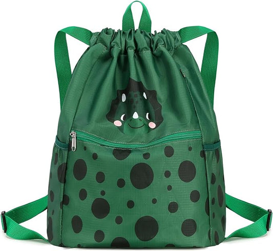 Dinosaur Drawstring Backpack Bulk for Kids Girls Boys Gym Dance String Bags Water Resistant Lightweight Triceratops Green