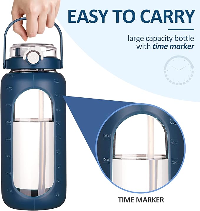 BLUEGO 64oz Glass Water Bottles with Straw Time Marker Half Gallon Large Motivational Water Bottle with Silicone Sleeve 2 Liter Large Glass Water Jug for Gym, Sports& Workout, Daily, Dark Blue