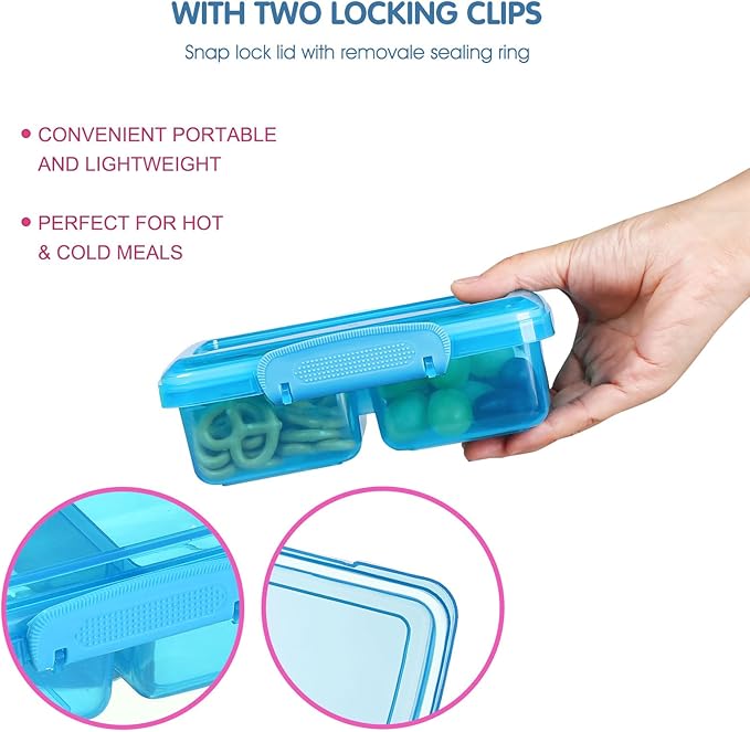 4 Pack Plastic Snack Containers with Lids, 2 Compartment Food Container for Kids Snack Box, Travel Bento Lunch Containers with forks for Fruits/Candies, Divided Food Storage Containers for School