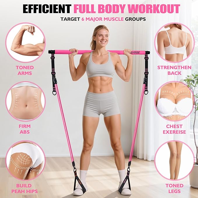 Pilates Bar Kit with Resistance Bands, Pilates Equipment, Multifunctional Pilates Bar for Women & Men, Pilates kit for Hip, Back, Arm, Full-Body Workouts, Home Gym Strength Training Equipment