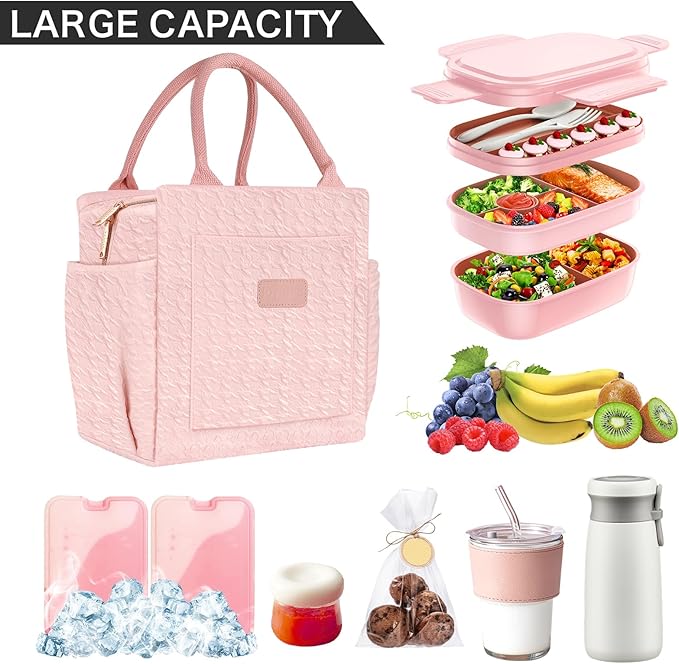 Joymee Lunch Bag Women Insulated Lunch Box Reusable Leakproof Large Spacious Cooler Tote for Women Men Adult with Bottle Holder and Side Pockets for Work Office Travel Picnic - B-Pink
