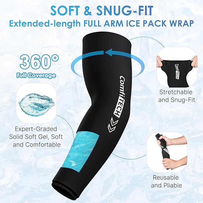 ComfiTECH Full Arm Ice Pack Wrap for Pitchers, Extended-Length Flexible Ice Sleeve for Tennis Elbow, Forearm, Wrist Discomforts, Golfers Arm, Shin Splints, Cold Pack for Throwing Recovery, Medium