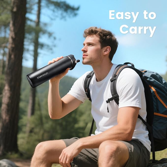 24oz Insulated Travel Water Bottle - Stainless Steel, Leakproof - Keep Hot for 12hrs & Cold for 30hrs - for Outdoors, Sports, Bike, Gym, Marathon - Gift for Women, Men (Black)