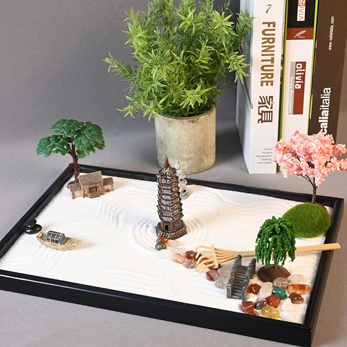 14" x 10" Large Japanese Zen Garden Kit for Desk – Includes 25+ Accessories: Sand Tray, Rake, Trees, Incense Burner, Bridge, Well, Door – Calming Decor Gift for Women, Mindfulness & Stress Relief