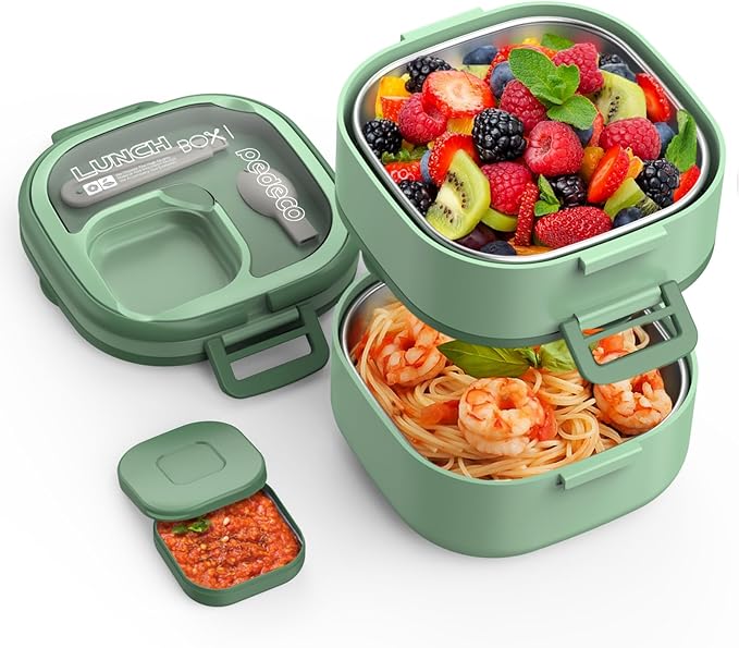 Double-Layer Bento Lunch Box for Kids & Adults with Removable Stainless Steel Dividers,Dressing Container,BPA-Free,Dishwasher Safe - Includes Utensil,(Green,Non-Insulated)