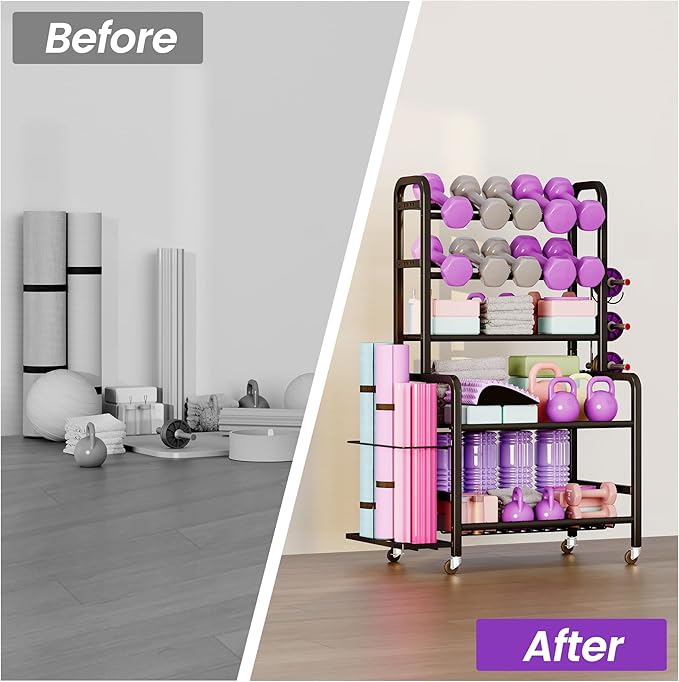 Homeiju Dumbbell Rack, Weight Rack for Home Gym, Yoga Mat Storage Holder with Lockable Wheels, Dumbbell Stand with Hooks, All in One Work out Equipment Storage for Yoga Mat Dumbbell and Balls