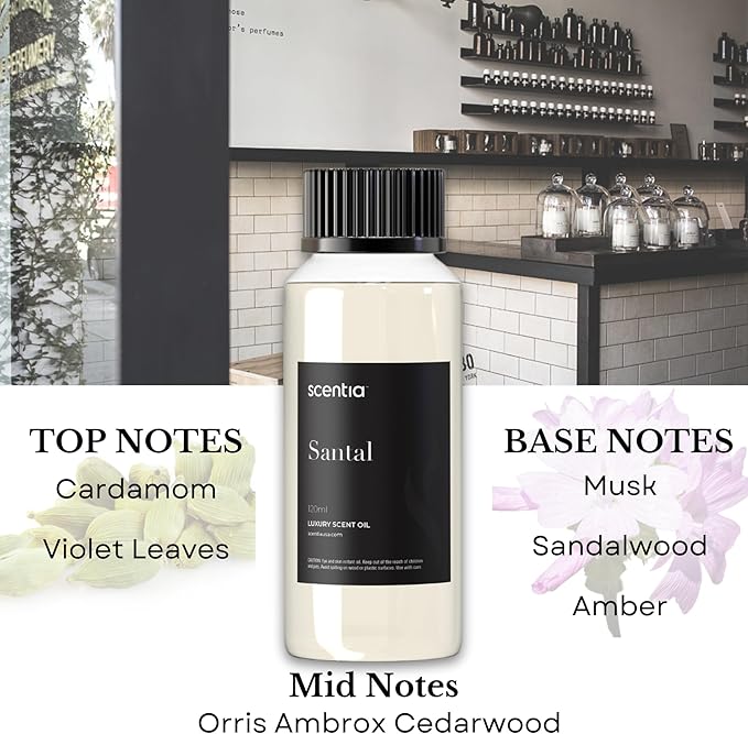 Santal Diffuser Oil 120ml – Luxury Santal-Inspired Oil – Cedarwood, Amber, Musk, Vanilla – Essential Oil Blend for Large Rooms, Cold-Air Diffusers, HVAC & Ultrasonic Use