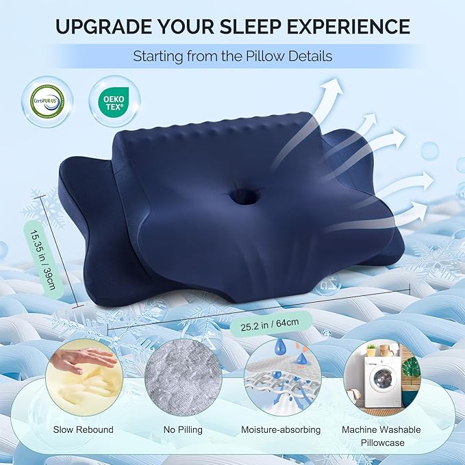 Cervical Pillow for Neck Pain Relief - Cooling Ergonomic Dual-Sided Orthopedic Neck Pillow with Ice Silk Pillowcase, Breathable Memory Foam Contour Pillow for Side, Back, Stomach Sleepers