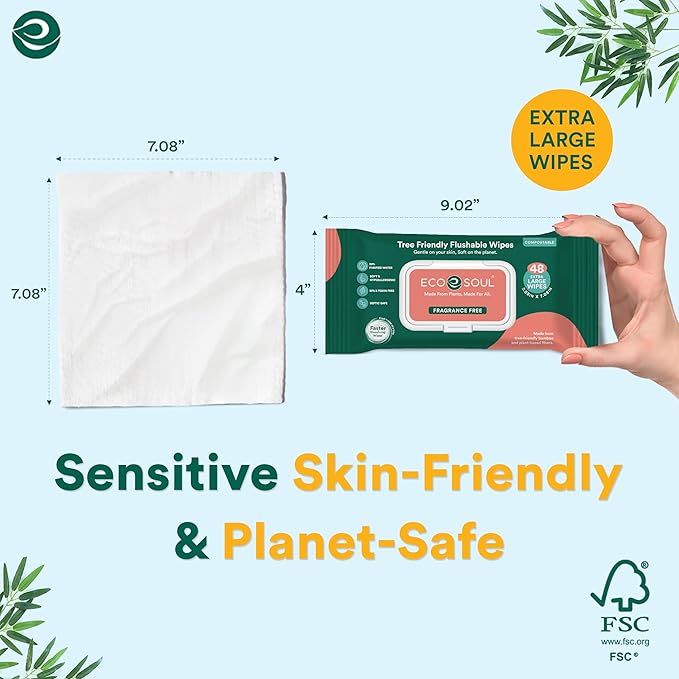 ECO SOUL Bamboo Flushable Extra-Large Adult Wipes - Unscented, 384 Count (8 Pack of 48) - Eco-Friendly Bamboo Wipes, 99% Purified Water, Hypoallergenic, Soft, BPA & Paraben Free