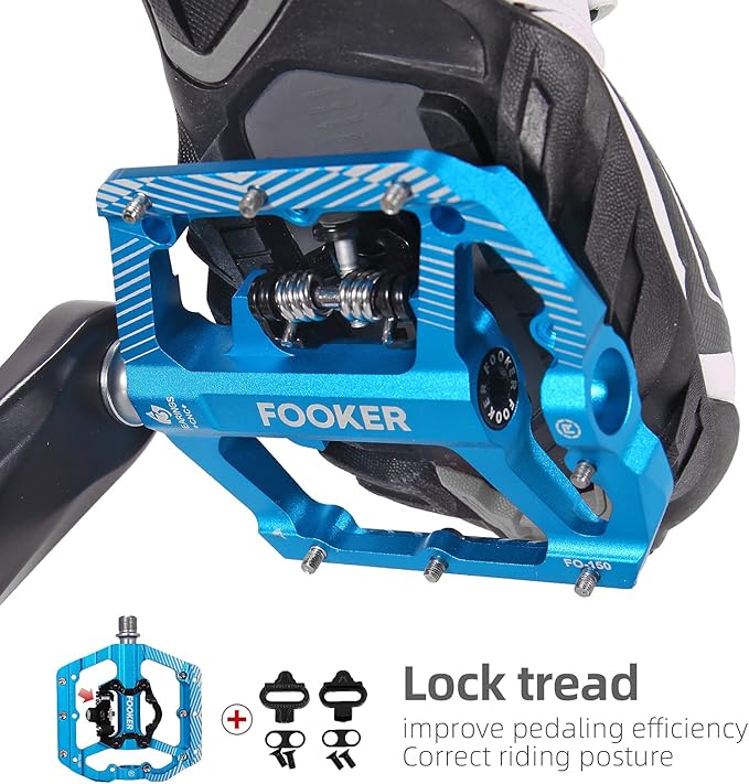 FOOKER MTB Mountain Bike Pedals 3 Bearing Flat Platform Compatible with Dual Function Sealed Clipless Aluminum 9/16" Pedals with Cleats for Road