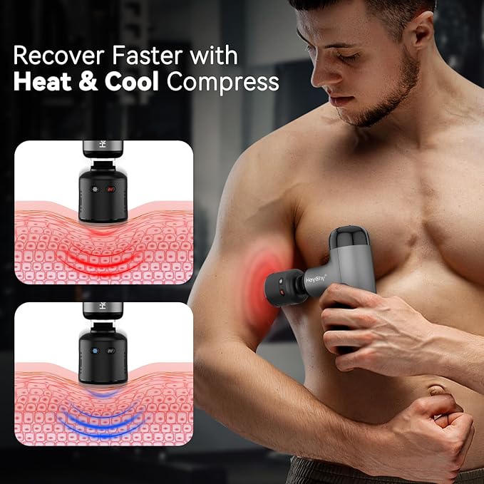 Mini Massage Gun with Heat and Cold, Deep Tissue Massage Gun, Portable Percussion Muscle Massager with 4 Massage Heads for Athletes