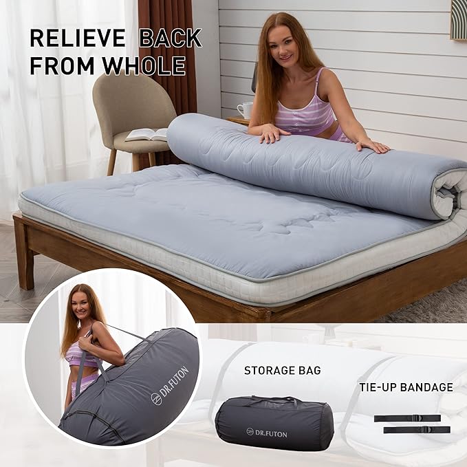 Dr.Futon Japanese Floor Futon Mattress Mat Extra Thick Folding Roll Up Bed for Guest,Lounger and Tavel