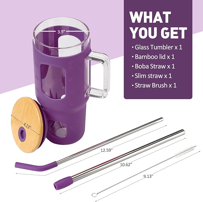 Glass Tumbler with Straw & Lid, 32 oz Glass Cup with Handle, Water Bottles with Time Marker - 2 Straws & Silicone Protective Sleeve Dark Purple