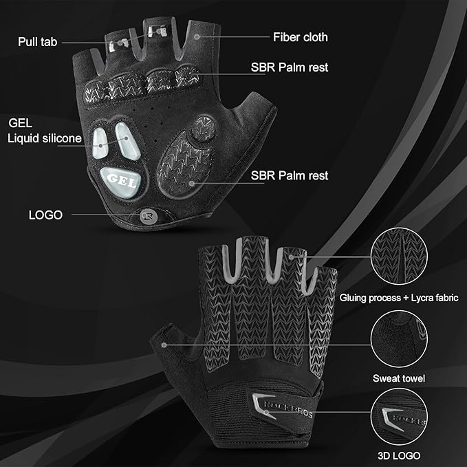 ROCKBROS Cycling Gloves for Men Women with Anti-Slip Shock-Absorbing Pad Fingerless Bike Gloves Light Weight Breathable Biking Gloves