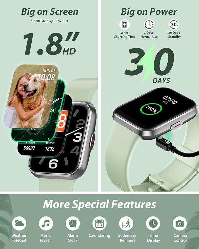 Smart Watch for Men Women(Call Receive/Dial), Alexa Built-in, 1.8" Touch Screen Fitness Tracker with Heart Rate Sleep Tracking, 100 Sports Modes, 5ATM Waterproof Smartwatch for Android iPhone