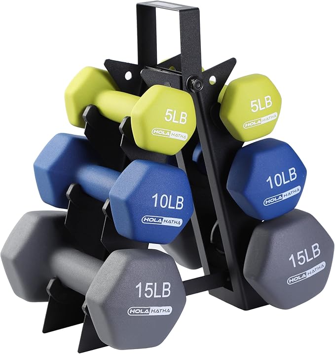 HolaHatha 2, 3, 5, 8, and 10 Pound Neoprene Dumbbell Free Hand Weight Set with Rack, Ideal for Home Exercises to Gain Tone and Definition, Pastel