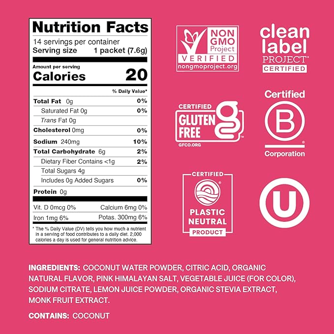Cure Hydration | Plant-Based Electrolyte Drink Mix | No Added Sugar | FSA-HSA | Dehydration Relief Powder Made with Coconut Water | Non-GMO | Vegan | Pouch of 14 Packets - Tropical Punch