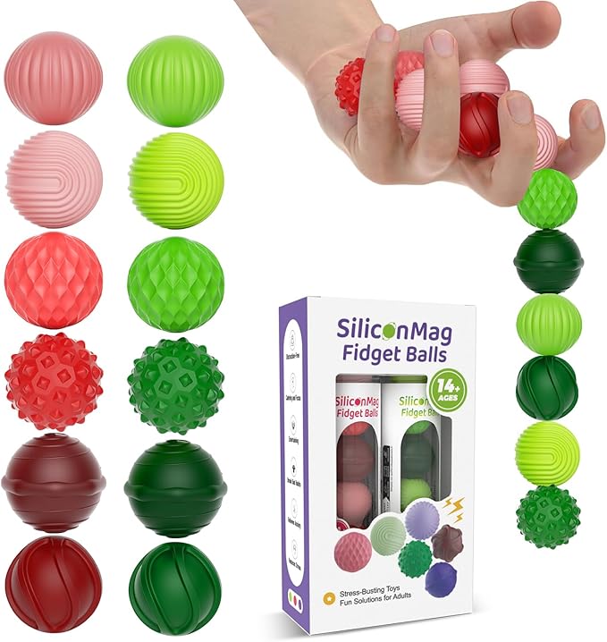 Silicone Magnetic Balls, Fidget Toys, 12-Pack Stress Relief Toys for Adults, Teens, Sensory Toy for Fingers Hands, Quiet Office Desk Toys with Textures, Magnet Fidget Fun Gift (2 Pack(Green+Red))