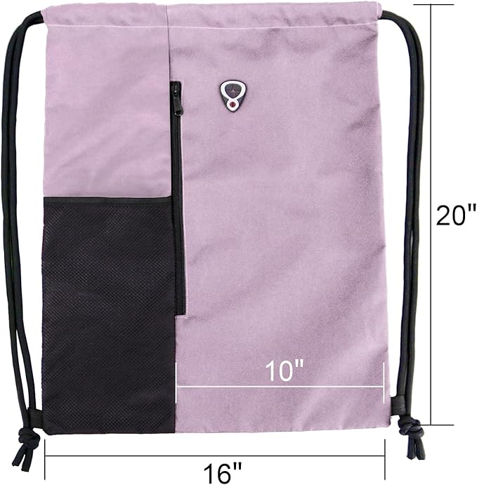 BeeGreen Lilac Drawstring Backpack Gym Bag For Men & Women – Sports Sackpack with Mesh Water Bottle Holder & 2 Zippered Pockets – Large 16x20 Inch Cinch String Backpack Workout Bag for Running, Travel