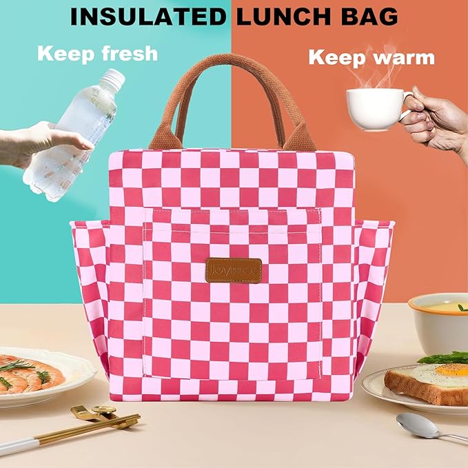Joymee Lunch Bag Women Insulated Lunch Box Reusable Leakproof Large Spacious Cooler Tote for Women Men Adult with Bottle Holder and Side Pockets for Work Office Travel Picnic - Checker Pink