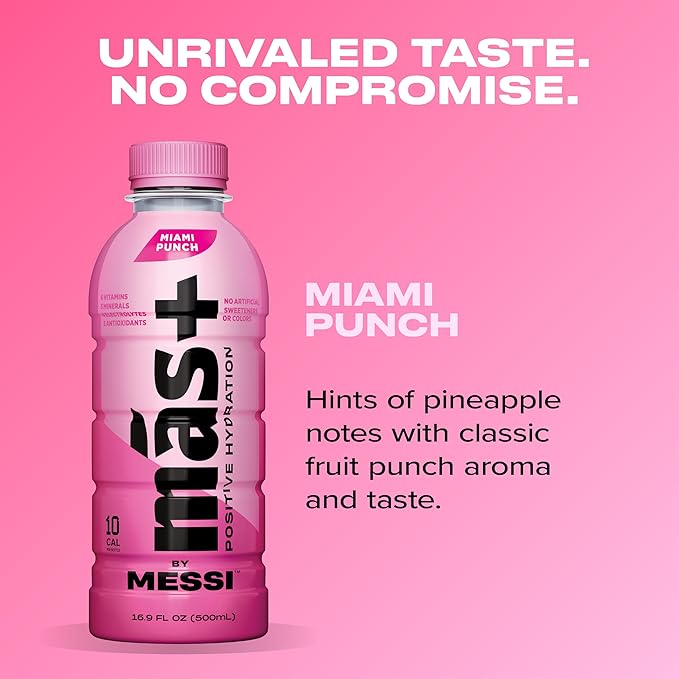 Más+ by Messi 16.9oz Miami Punch, Sports Drink & Hydration Beverage, Natural Flavors with Vitamins and Electrolytes, No Artificial Sweeteners or Colors, 12-pack