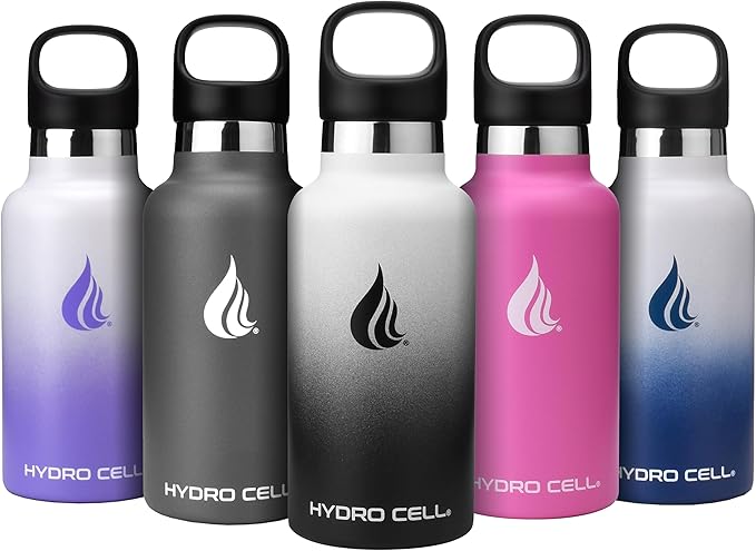 HYDRO CELL Stainless Steel Water Bottle with Straw & 2 Standard Mouth Lids (32oz 24oz 20oz 16oz) Keeps Liquids Hot or Cold w/Double Wall Vacuum Insulated Leak Proof Sport Design (Black/White 16oz)