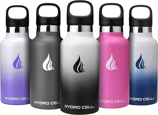 HYDRO CELL Stainless Steel Water Bottle with Straw & 2 Standard Mouth Lids (32oz 24oz 20oz 16oz) Keeps Liquids Hot or Cold w/Double Wall Vacuum Insulated Leak Proof Sport Design (Black/White 16oz)