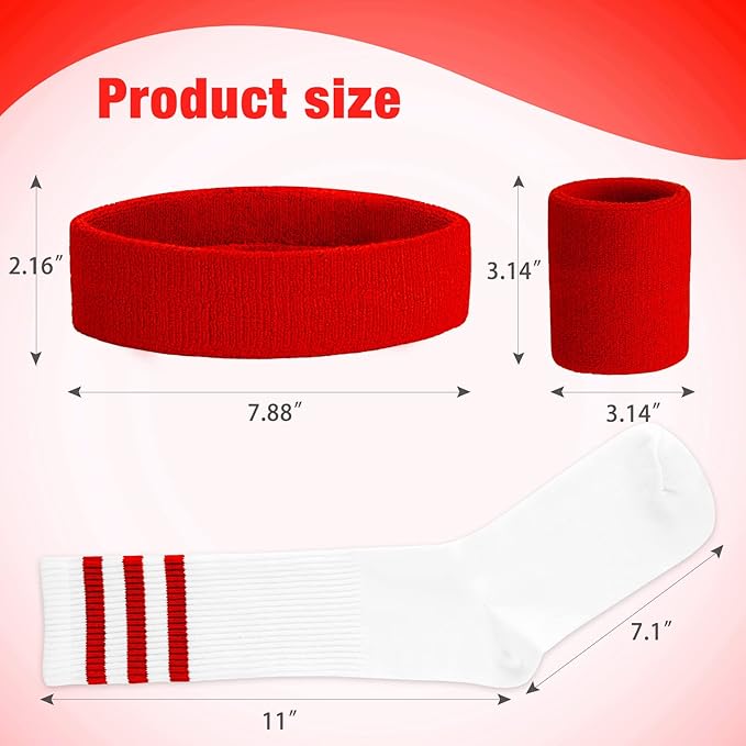 ONUPGO 5 Pieces Sweatbands Striped Socks Set Sports Headband Wristbands High Tube Socks 80s Accessories Costumes