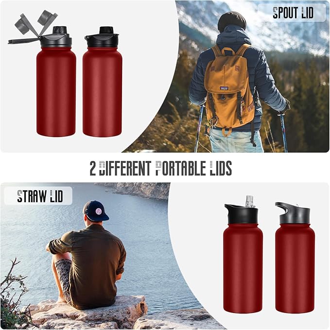 32 oz Insulated Water Bottle Bulk 4 Pack, Stainless Steel Sports Water Bottles with Straw Lid & Wide Mouth Lids, Double Walled Vacuum, Leak Proof, Red