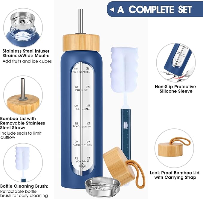 32 oz Glass Water Bottle with Straw - Motivational Time Marker & Silicone Sleeve - Reusable Tumbler Includes 2 Bamboo Lids & Fruit Infuser - 1 Pack