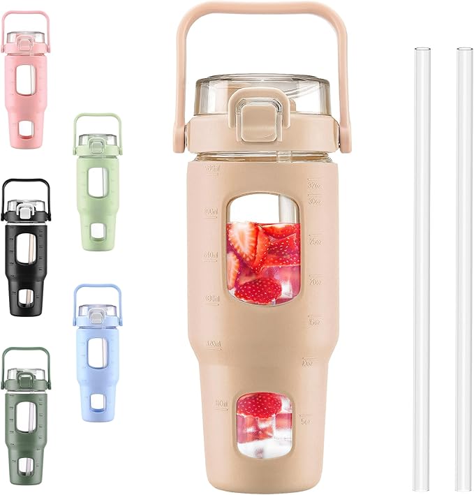 BLUEGO 32oz Glass Water Bottles with Straw Time Marker Half Gallon Large Motivational Water Bottle with Silicone Sleeve 2 Liter Large Glass Water Jug for Gym, Sports& Workout, Daily, Amber