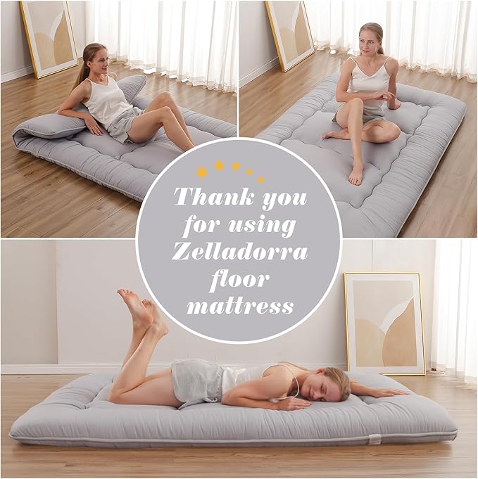 Japanese Floor Mattress, Futon Mattress with Storage Bag and Washable Cover, Roll Up Tatami Mat Suitable for Guest Room, Grey, Queen