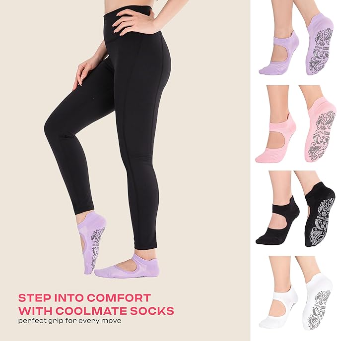 CoolMate Pilates Socks with Grips for Women, Yoga Socks, Crew Non Slip Women for Workout, Barre, Pilates Gifts