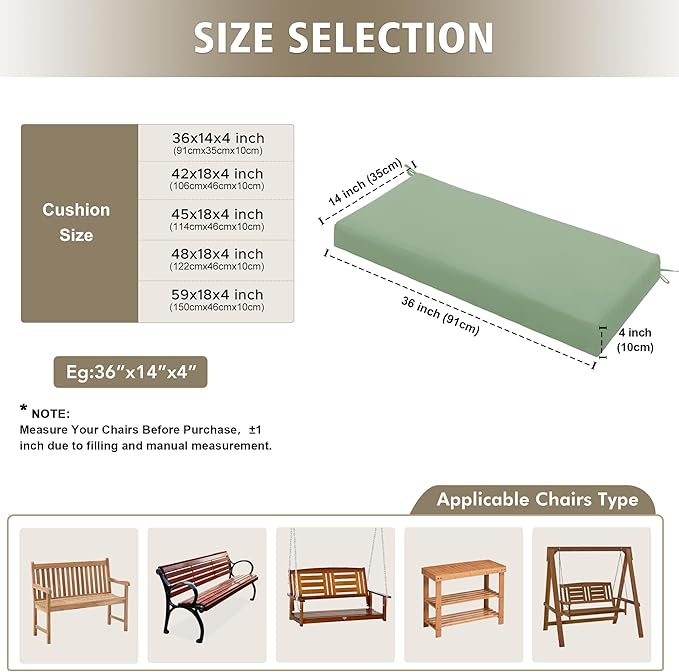 Outdoor Bench Cushion Waterproof 59"x18" – Fade-Resistant Patio Furniture Cushion with Ties for Loveseat, Porch Swing or Indoor Bench Replacement, Sage Green