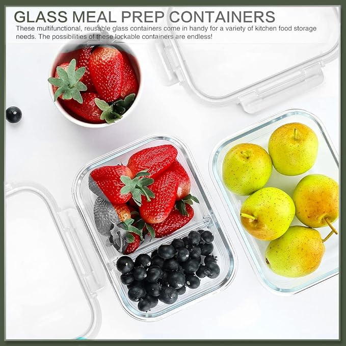 KOMUEE 10 Packs 30 oz Glass Meal Prep Containers,Glass Food Storage Containers with Lids,Airtight Glass Lunch Bento Boxes,Microwave, Oven, Freezer and Dishwasher,White