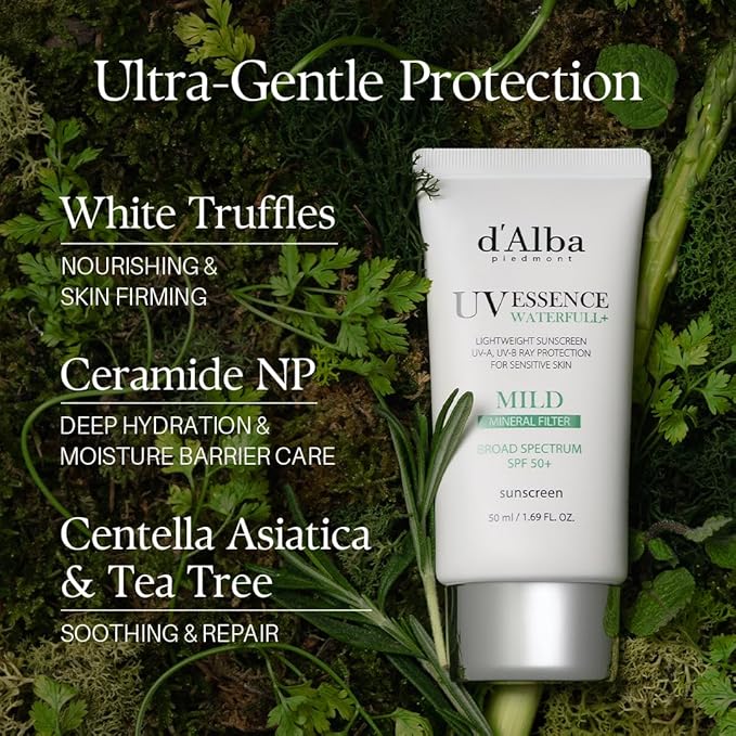 d'alba Piedmont Italian White Truffle Waterfull Mild Sunscreen, Vegan, Mineral Sunscreen, BROAD SPECTRUM SPF 50+ Non-Nano Suitable for Sensitive Skin, Korean Skin Care (1.69 fl. oz)