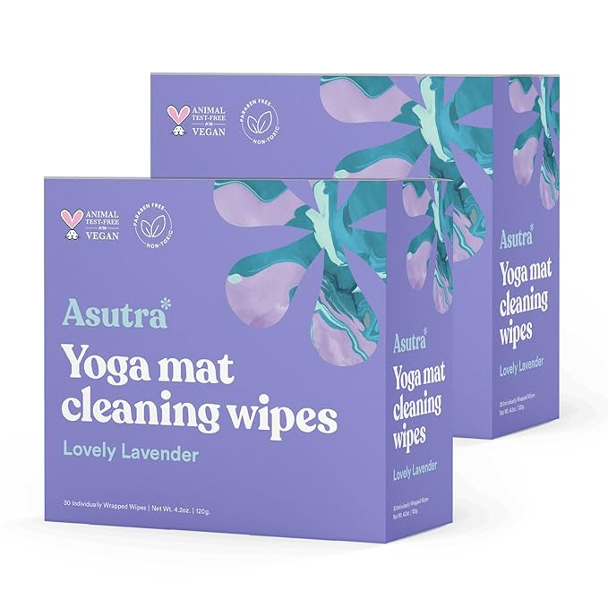 ASUTRA Yoga Mat Cleaning Wipes (Lovely Lavender), Individually Wrapped Wipes, 2 Boxes (30 Each) - No Slippery Residue, Deep-Cleansing for Fitness Gear & Gym Equipment