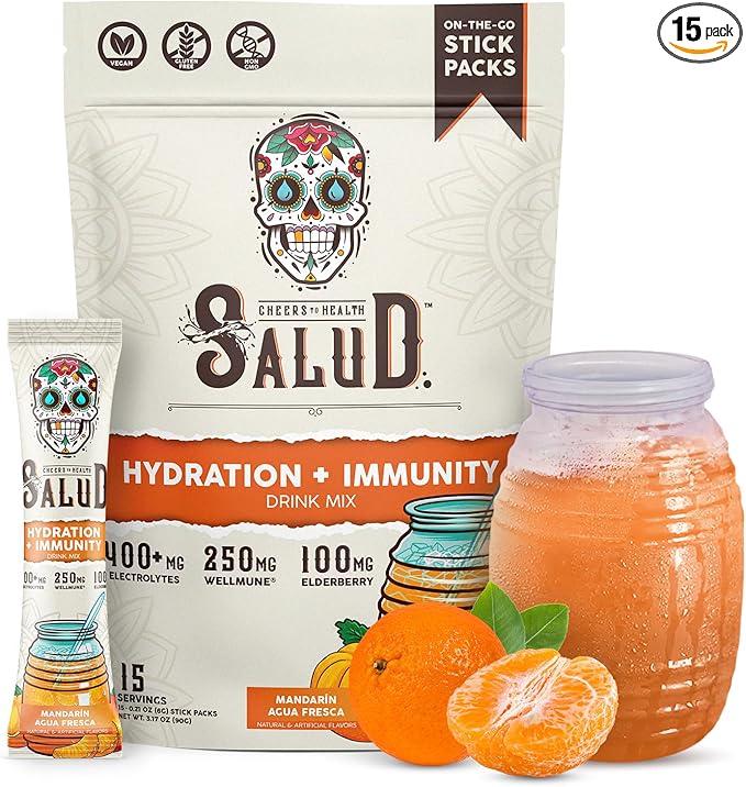 Salud 2-in-1 Hydration Packets + Immunity Electrolytes Powder, Mandarin - Agua Fresca Drink Mix, Elderberry, Dairy & Soy Free, Non-GMO, Gluten Free, Vegan, Low Calorie, 1g Sugar (15 Servings)