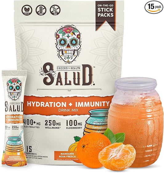 Salud 2-in-1 Hydration Packets + Immunity Electrolytes Powder, Mandarin - Agua Fresca Drink Mix, Elderberry, Dairy & Soy Free, Non-GMO, Gluten Free, Vegan, Low Calorie, 1g Sugar (15 Servings)