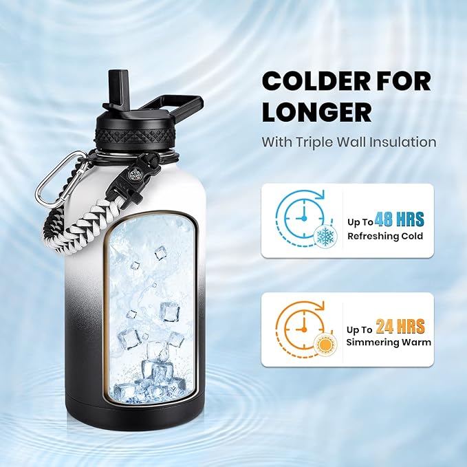 Insulated Water Bottle 64 oz, Triple Wall Vacuum Stainless Steel (Cold for 48 Hrs), Leak Proof & Non-BPA, Half Gallon Water Flask Jug with Paracord Handle & Straw Spout Lids, White/Black